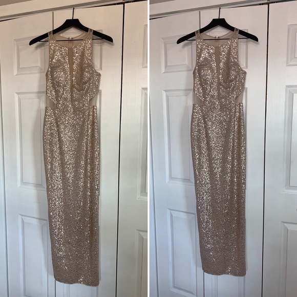 AIDAN BY AIDAN MATTOX Champagne Silver Halter Sequin Illusion Cut Open Back Gown - Picture 13 of 15